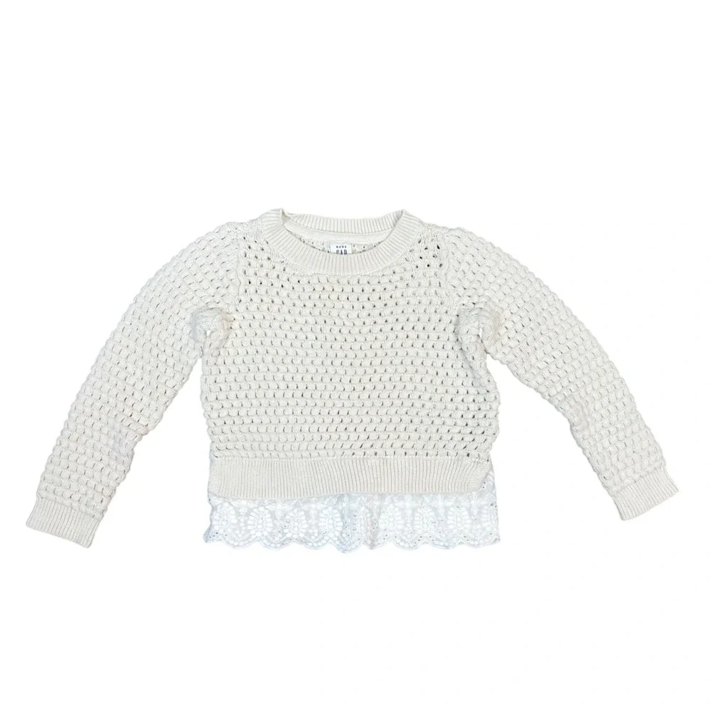 Baby Gap Toddler Girls Ivory Frost Crochet Knit Eyelet Lace Hem Sweater 3T